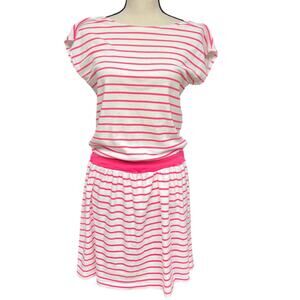 Vintage women's Large 1980's boat neck drop waist pink white stripe sundress